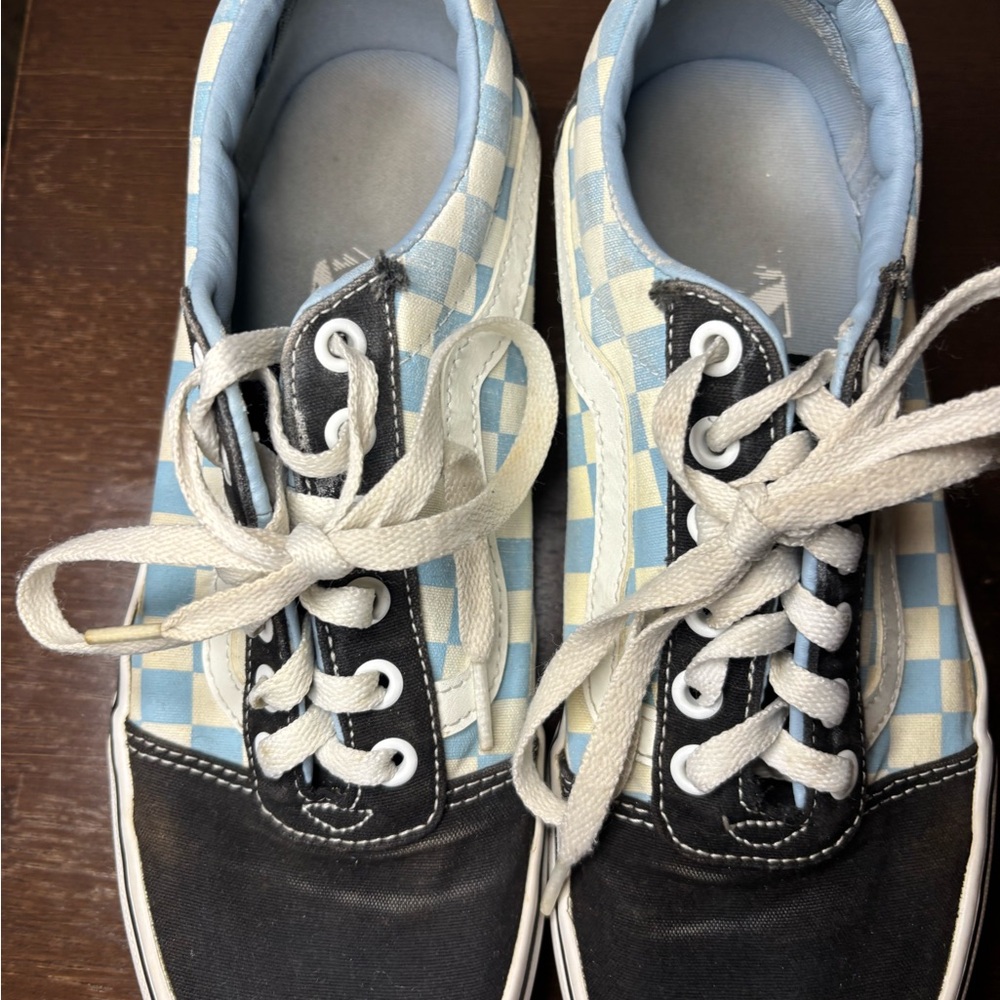 Vans Women's Checkered Sneakers - Light Blue and White Squares with Black Size 9